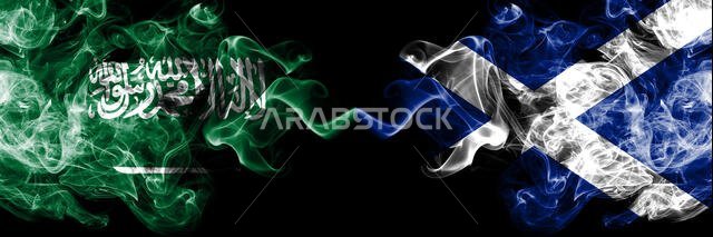 Saudi Arabia Kingdom vs Scotland, Scottish smoky mystic flags placed side by side. Thick colored silky smoke flags of Arabic, Arabian and Scotland, Sc