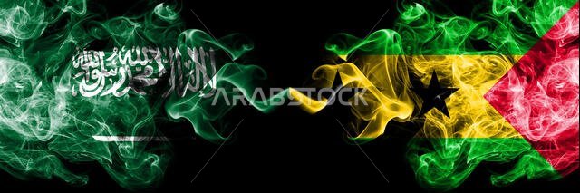 Saudi Arabia Kingdom vs Sao Tome and Principe smoky mystic flags placed side by side. Thick colored silky smoke flags of Arabic, Arabian and Sao Tome