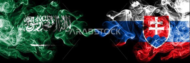 Saudi Arabia Kingdom vs Slovakia, Slovakian smoky mystic flags placed side by side. Thick colored silky smoke flags of Arabic, Arabian and Slovakia, S