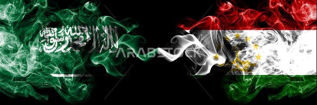 Saudi Arabia Kingdom vs Tajikistan, Tajikistani smoky mystic flags placed side by side. Thick colored silky smoke flags of Arabic, Arabian and Tajikis