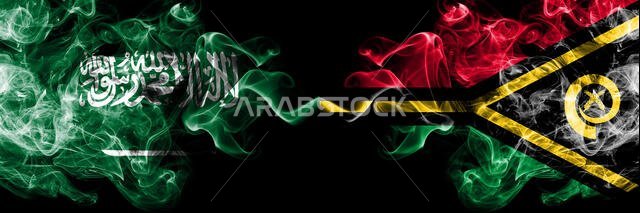 أعلام المملكة العربية السعودية وفانواتو، أعلام دخانية غامضة موضوعة جنباً إلى جنب. أعلام دخانية سميكة ملونة حريرية تمثل اللغة العربية والعربية وفانواتو