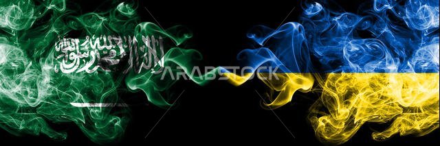 Saudi Arabia Kingdom vs Ukraine, Ukrainian smoky mystic flags placed side by side. Thick colored silky smoke flags of Arabic, Arabian and Ukraine, Ukr