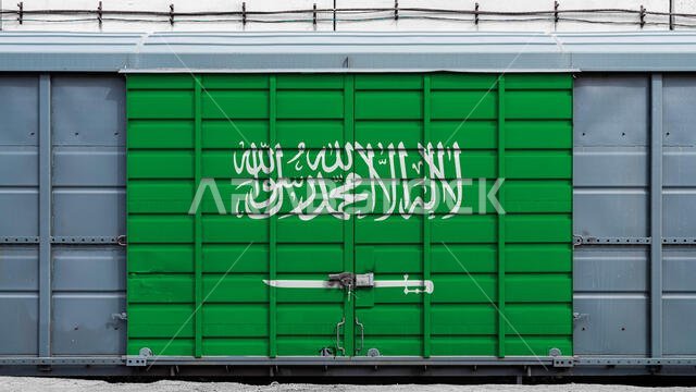 Front view of a container train freight car with a large metal lock with the national flag of Saudi Arabia.The concept of export-import,transportation