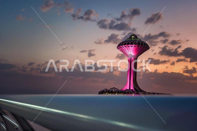 برج مياه ساحل الخبر، منظر ليلي