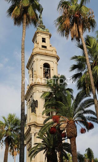 bell tower of Shrine of the blessed virgin of th rosary  in Pompei City in Italy