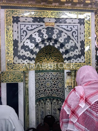 MEDINA, SAUDI ARABIA - JUNE 25: A crowd of Muslim men searching for an empty spot to pray in the Ravza-i Mutahhara on June 25, 2019 in Madinah, Saudi
