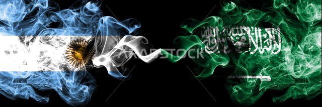 Argentina vs Saudi Arabia, Arabian smoky mystic fire flags placed side by side. Thick colored silky abstract smoke flags concept
