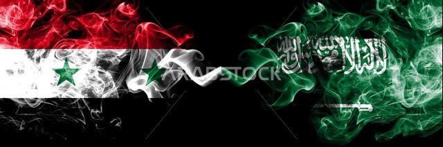 سوريا والسعودية، أعلام دخان عربية موضوعة جنبًا إلى جنب. أعلام دخان حريرية ملونة سميكة لسوريا والسعودية، عربية