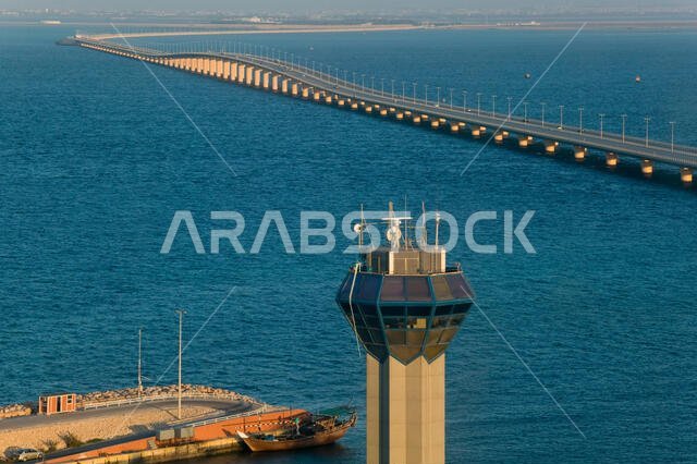 Observation tower and causeway in the sea, King Fahd Causeway, Bahrain