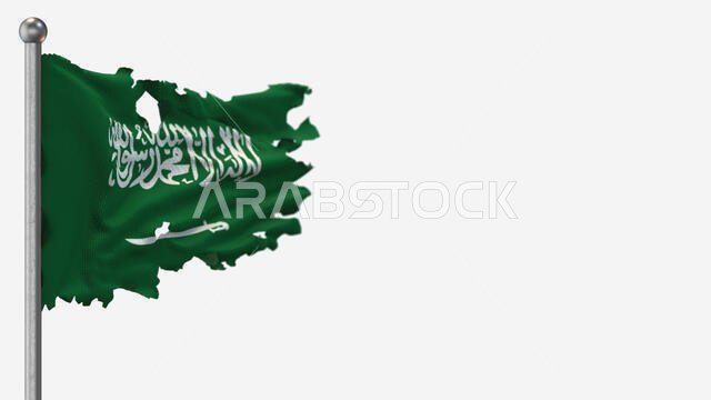 Saudi Arabia 3D tattered waving flag illustration on Flagpole. Isolated on white background with space on the right side.