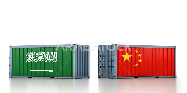 حاويتان للشحن تحملان علمي المملكة العربية السعودية والصين. تصميم ثلاثي الأبعاد