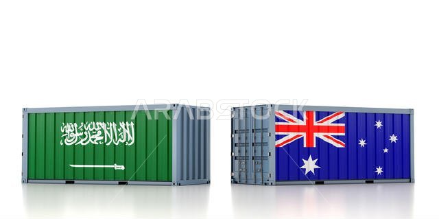 Two freight container with Saudi Arabia and Australia flag. 3d rendering