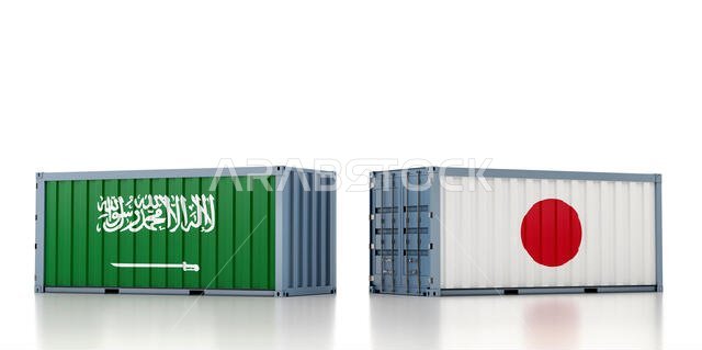 Two freight container with Saudi Arabia and Japan flag. 3d rendering