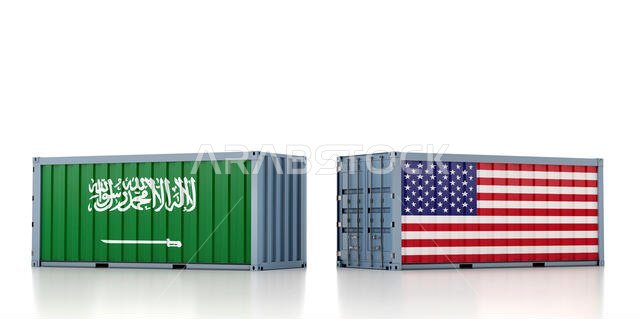 حاويتان للشحن تحملان علمي المملكة العربية السعودية والولايات المتحدة الأمريكية. تصميم ثلاثي الأبعاد