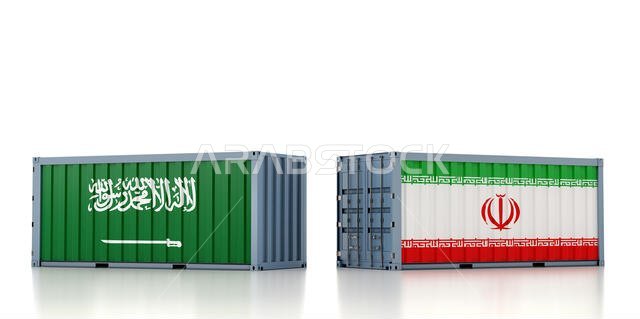 Two freight container with Saudi Arabia and Iran flag. 3d rendering