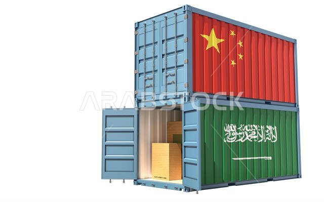 Two freight container with Saudi Arabia and China flag. 3d rendering