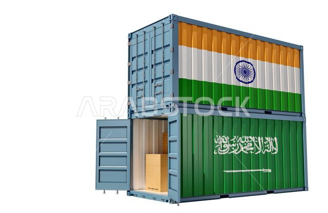 Two freight container with India and Saudi Arabia flag. Isolated on white - 3D Rendering