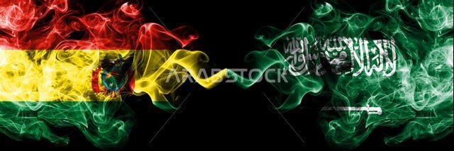 Bolivia, Bolivian vs Saudi Arabia, Arabian smoky mystic states flags placed side by side. Concept and idea thick colored silky abstract smoke flags