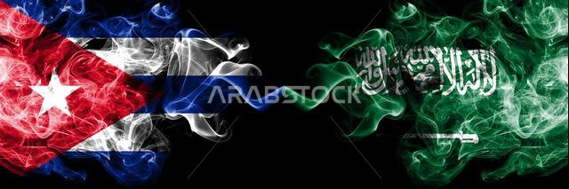 Cuba, Cuban vs Saudi Arabia, Arabian smoky mystic flags placed side by side. Thick colored silky travel abstract smokes banners