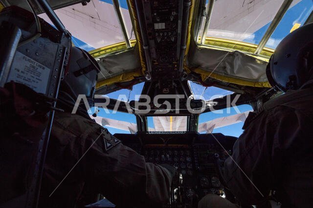 A U.S. Air Force 96th Bomb Squadron pilot positions a U.S. Air Force 2nd Bomb Wing B-52H Stratofortress behind a U.S. Air Force 60th Air Mobility Wing KC-10 Extender over Saudi Arabia in support of Bomber Task Force Europe 20-1, Nov. 1, 2019. The Stratofortress conducted a sortie to the U.S. Central Command area of operations in order to conduct interoperability training with Saudi partners in support of shared regional security interests. (U.S. Air Force photo by Tech. Sgt. Christopher Ruano)