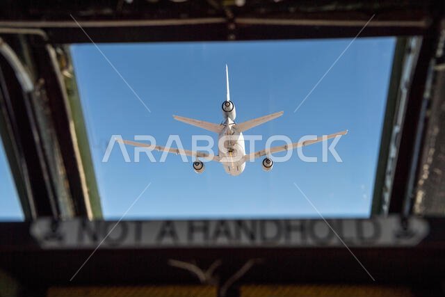 A U.S. Air Force 96th Bomb Squadron pilot positions a U.S. Air Force 2nd Bomb Wing B-52H Stratofortress behind a U.S. Air Force 60th Air Mobility Wing KC-10 Extender over Saudi Arabia in support of Bomber Task Force Europe 20-1, Nov. 1, 2019. The Stratofortress conducted a sortie to the U.S. Central Command area of operations in order to conduct interoperability training with Saudi partners in support of shared regional security interests. (U.S. Air Force photo by Tech. Sgt. Christopher Ruano)