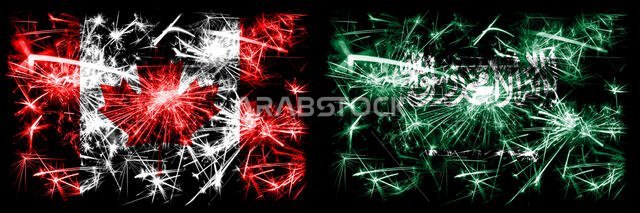 Canada, Canadian vs Saudi Arabia, Arabian New Year celebration sparkling fireworks flags concept background. Combination of two abstract states flags.