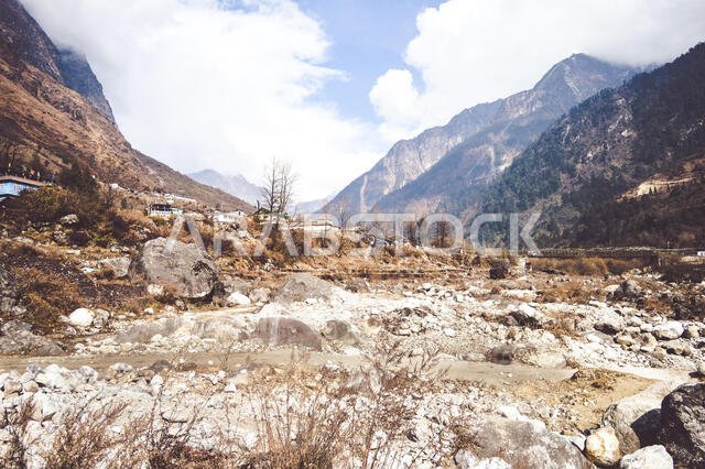 Picturesque mountain valley landscape scenery in one summer morning panoramic view.