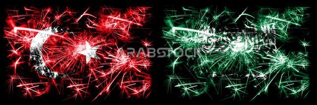 Turkey, Turkish vs Saudi Arabia, Arabian New Year celebration sparkling fireworks flags concept background. Combination of two abstract states flags.