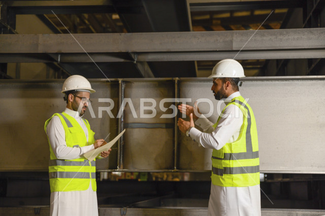 مهندسان صناعيان خليجيان سعوديان داخل المصنع يتناقشان في آلية تطوير المصنع ، احدهم يتحدث و الاخر بيده ورقة وقلم يسجل الملاحظات ، ايماءات وجه ويدين مختلفة ، ارتداء خوذة  و سترة الحماية الخاصة بالعمل