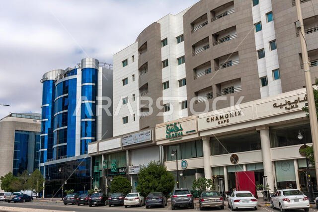 شارع وادي الأوسط، يضم مكاتب ومقاهي ومبانٍ سكنية، الرياض