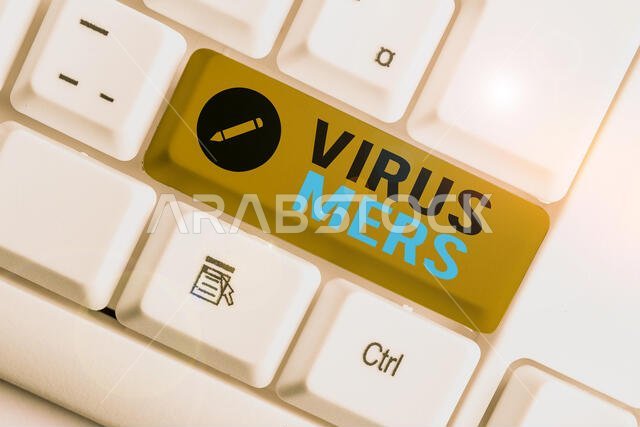 Conceptual hand writing showing Virus Mers. Concept meaning viral respiratory illness that first reported in Saudi Arabia White pc keyboard with note