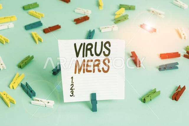 Word writing text Virus Mers. Business photo showcasing viral respiratory illness that first reported in Saudi Arabia Colored clothespin papers empty