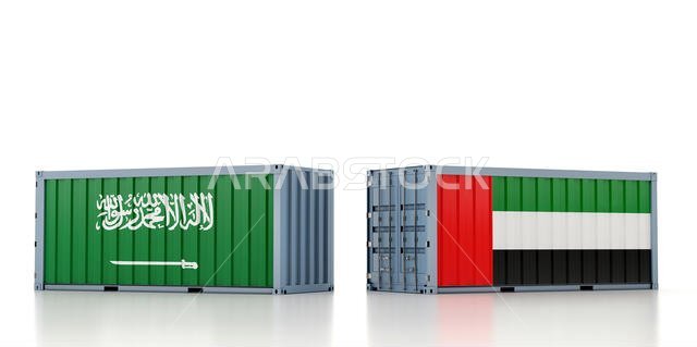 Two freight container with Saudi Arabia and United Arab Emirates flag. 3d rendering