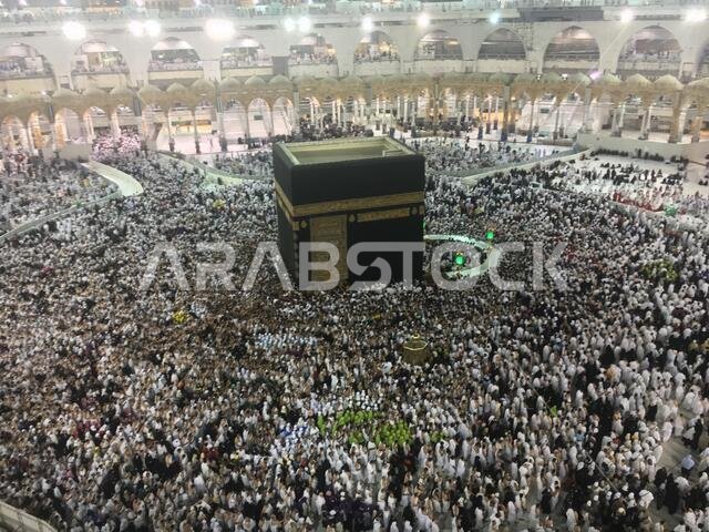 MECCA, SAUDI ARABIA, March 2018 - Muslim pilgrims from all over the world gathered to perform Umrah at the Haram Mosque in Mecca, Saudi Arabia;