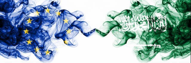 Eu, European Union vs Saudi Arabia, Arabian smoky mystic flags placed side by side. Thick colored silky abstract smoke flags combination