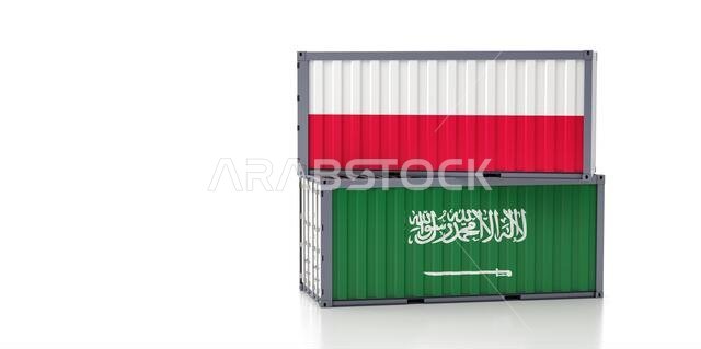 حاويتان للشحن تحملان علمي المملكة العربية السعودية وبولندا. معزولتان على خلفية بيضاء - عرض ثلاثي الأبعاد