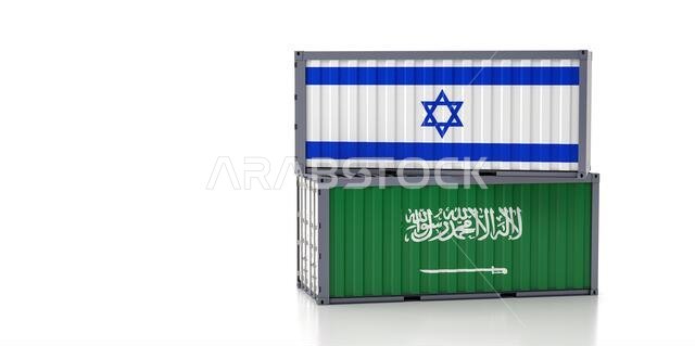 Two freight container with Saudi Arabia and Israel flag. Isolated on white - 3D Rendering