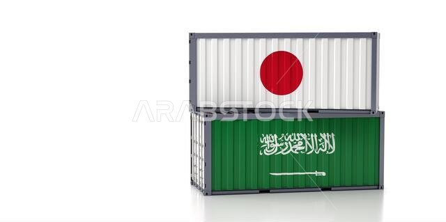 حاويتان للشحن تحملان علمي المملكة العربية السعودية واليابان. معزولتان على خلفية بيضاء - عرض ثلاثي الأبعاد