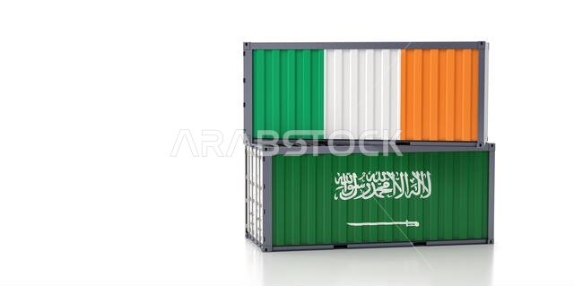 حاويتان للشحن تحملان علمي المملكة العربية السعودية وأيرلندا. معزولتان على خلفية بيضاء - عرض ثلاثي الأبعاد