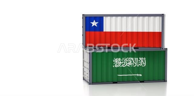 حاويتان للشحن تحملان علمي المملكة العربية السعودية وتشيلي. معزولتان على خلفية بيضاء - عرض ثلاثي الأبعاد