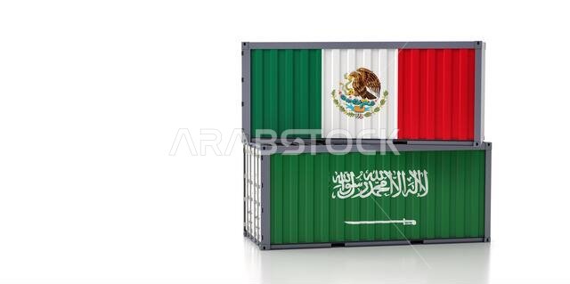 حاويتان للشحن تحملان علمي المكسيك والمملكة العربية السعودية. معزولتان على خلفية بيضاء - عرض ثلاثي الأبعاد