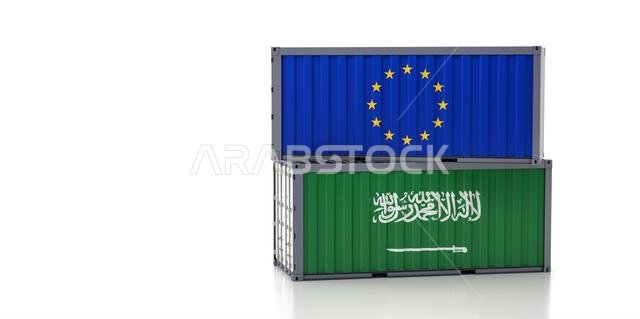 حاويتان للشحن تحملان علمي المملكة العربية السعودية والاتحاد الأوروبي.