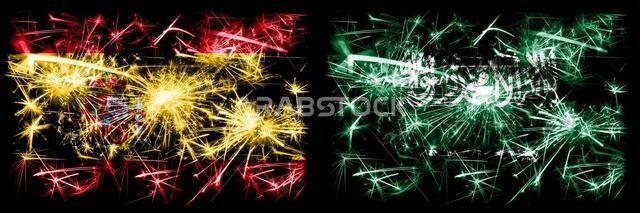 Spanish vs Saudi Arabia, Arabian New Year celebration sparkling fireworks flags concept background. Combination of two abstract states flags.