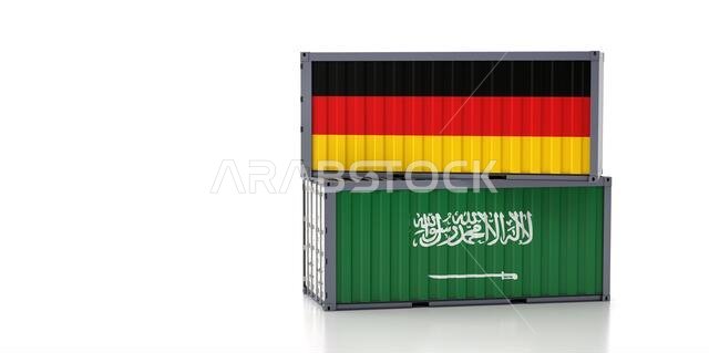 Two freight container with Saudi Arabia and Germany flag. 3D Rendering