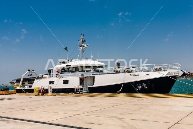 The exploration vessel of the King Abdullah University of Science and Technology moored at the pier. Thuwal, Saudi Arabia