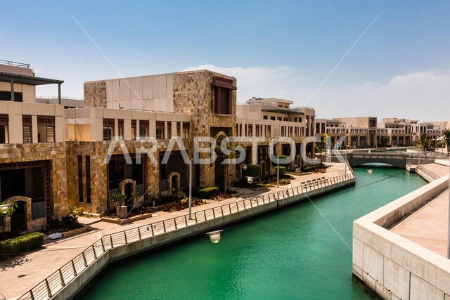 The canal and residential buildings in the King Abdullah University of Science and Technology campus, Thuwal, Saudi Arabia