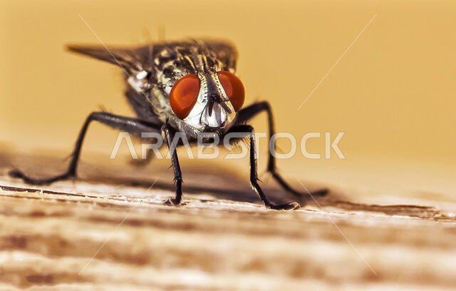 Jubail, Saudi Arabia - December 21, 2015: Housefly sitting on a wood piece Jubail, Saudi Arabia - December 21, 2015: Housefly sitting on a wood piece