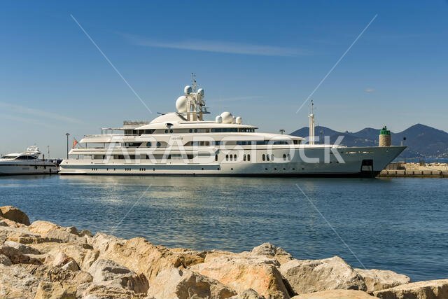 CANNES, FRANCE - APRIL 2019: The superyacht Montkaj berthed in the Port Pierre Canto harbour in Cannes.
