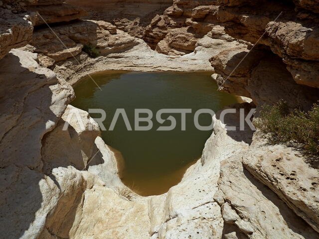 Temporary rainfall ponds in the eroded limestone cavities in the desert near Riyadh