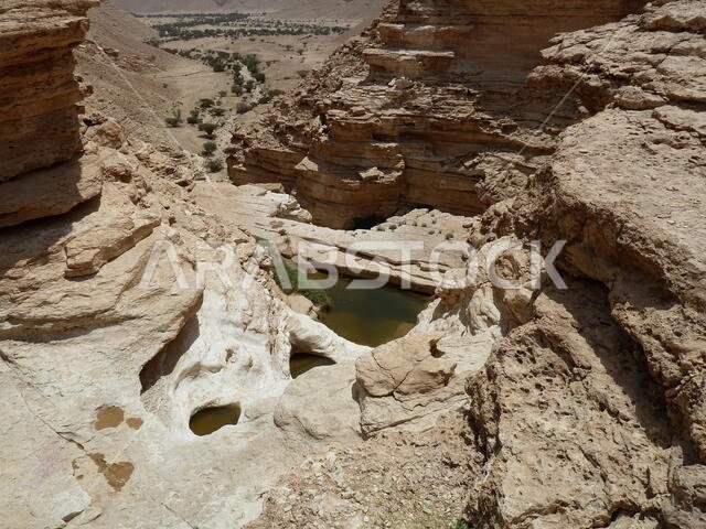Temporary rainfall ponds in the eroded limestone cavities in the desert near Riyadh